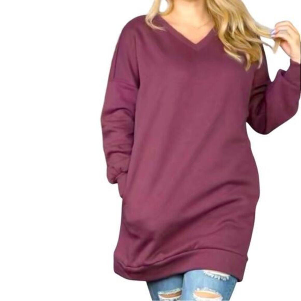 Zenana V Neck Sweatshirt Tunic Dress Oversized Pockets Long Eggplant medium